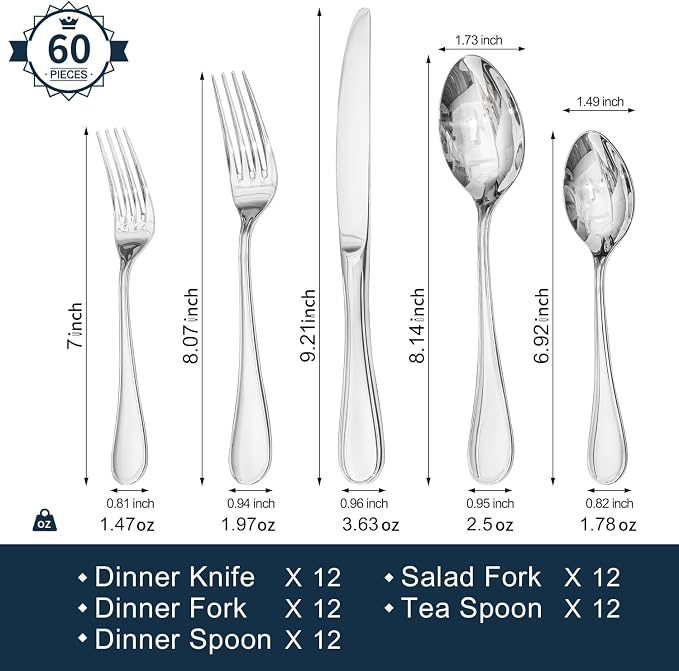 18/10 Stainless Steel Silverware Set for 12, 60 Piece Teardrop Flatware Set | KINGSTONE Heavy Cutlery Set, Mirror Polished Knives Forks and Spoons Utensils, Dishwasher Safe for Home Kitchen Wedding