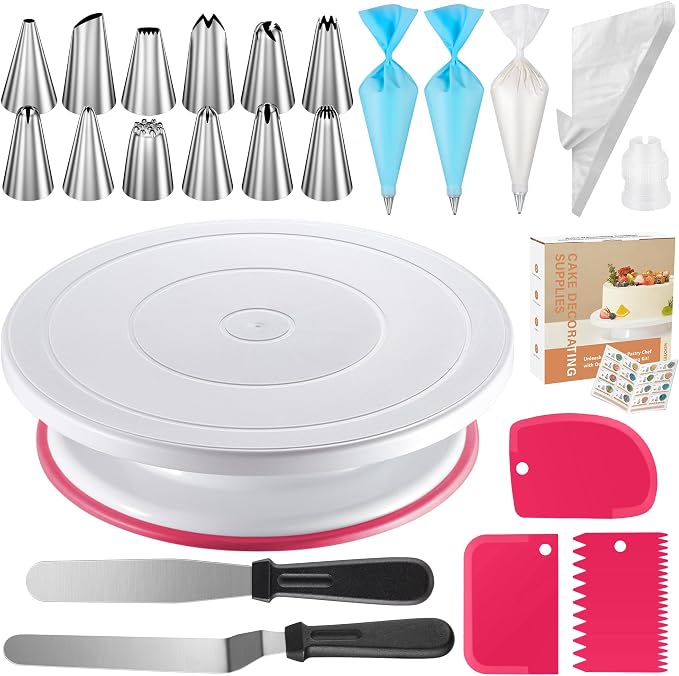 Kootek 71 Cake Decorating Kit Baking Supplies Tools for Beginners & Pros | Cake Stand Turntable, Icing Piping Tips, Disposable Reusable Pastry Bag, Spatulas, Video Tutorial, Pattern Chart