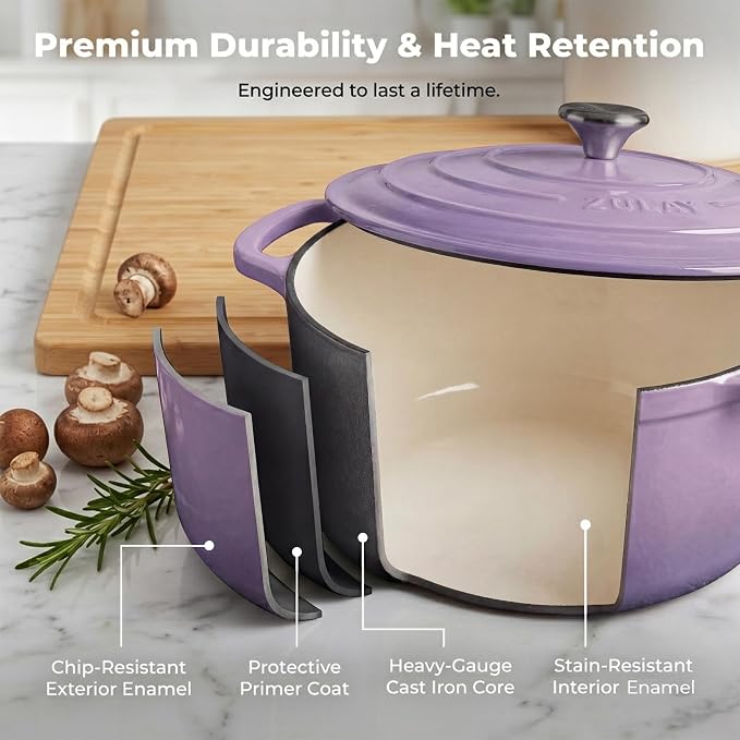 Zulay Kitchen 6.4QT Enameled Cast Iron Dutch Oven Pot with Lid, Heavy-Duty Soup Pot for Stews, Braising, Roasting & Sourdough Bread Baking, Oven Safe up to 500°F - Lavender Jade