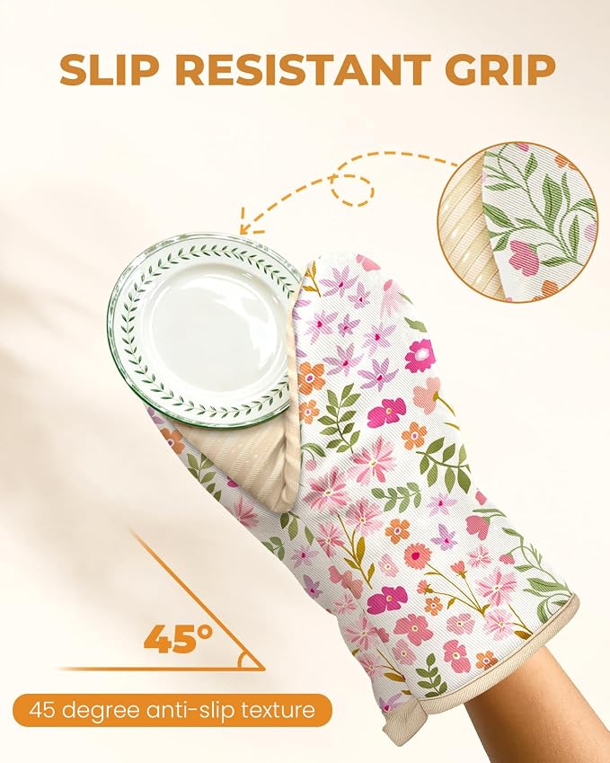 100% Thick Cotton Mini Oven Mitts Silicone Grip Spring Floral | Girly Cute Oven Mitts for Women, Machine Washable, Non-Slip, Reversible Design Fits Both Hands, Stylish Kitchen Decor