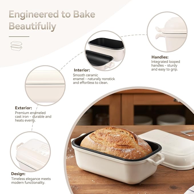 Enameled Cast Iron Dutch Oven for Sourdough Bread Baking, Dutch Oven Pot with Lid, 10×6 Bread Loaf Pans with Lid for Homemade Bread, Cake, Meatloaf, Oven&Induction Safe (White, 3.84 QT)