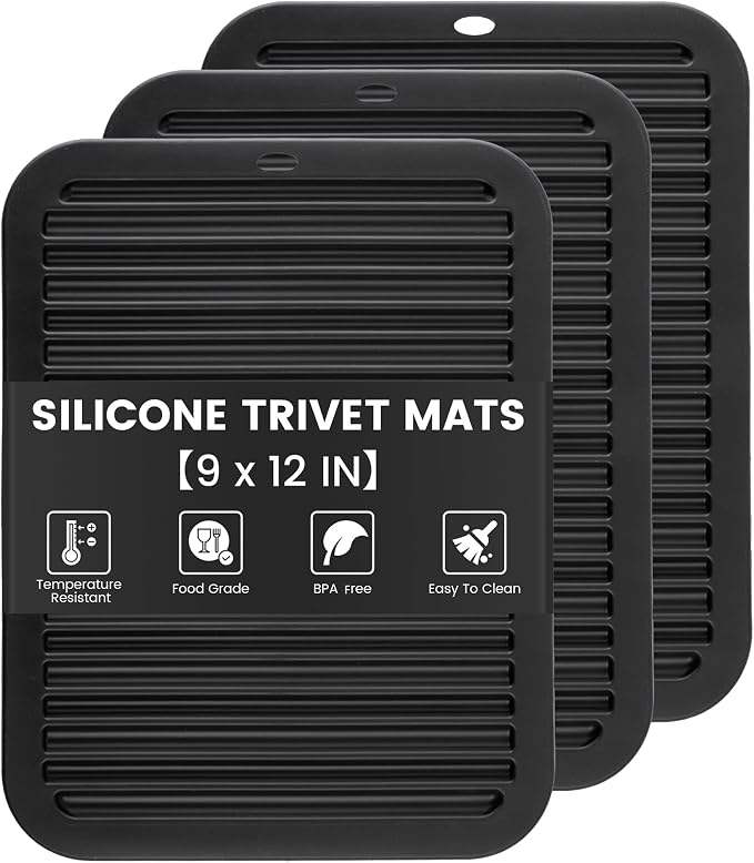 TOPULORS 3 PCS Silicone Trivets for Hot Pots and Pans 9"x12" Heat Resistant Mat Hot Pads for Kitchen Quartz Countertops - Dish Drying Mat Non-Slip Potholders Pot Holders Trivets for Hot Dishes - Black