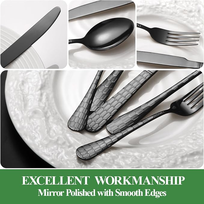 Silverware Set,40-Piece Stainless Steel Flatware Set for 8 | Food-Grade Stainless Steel Cutlery Set,Dishwasher Safe,Mirror Finished Utensil Sets for Home Restaurant,Round Hammered,Black