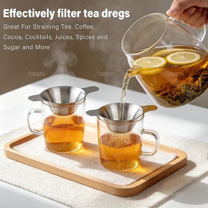 AUEAR, 4 Pack Stainless Steel Tea Strainer Fine Mesh Infuser Funnel Different Size Leaf Filter with Double Handles for Coffee Flour Sugar