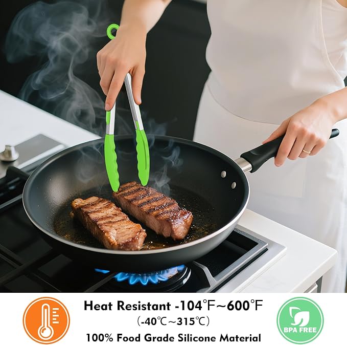Hotec Silicone Serving Tongs for Cooking 9-Inch Kitchen Tongs with Silicone Tips, Set of 3 (Red Blue Green)