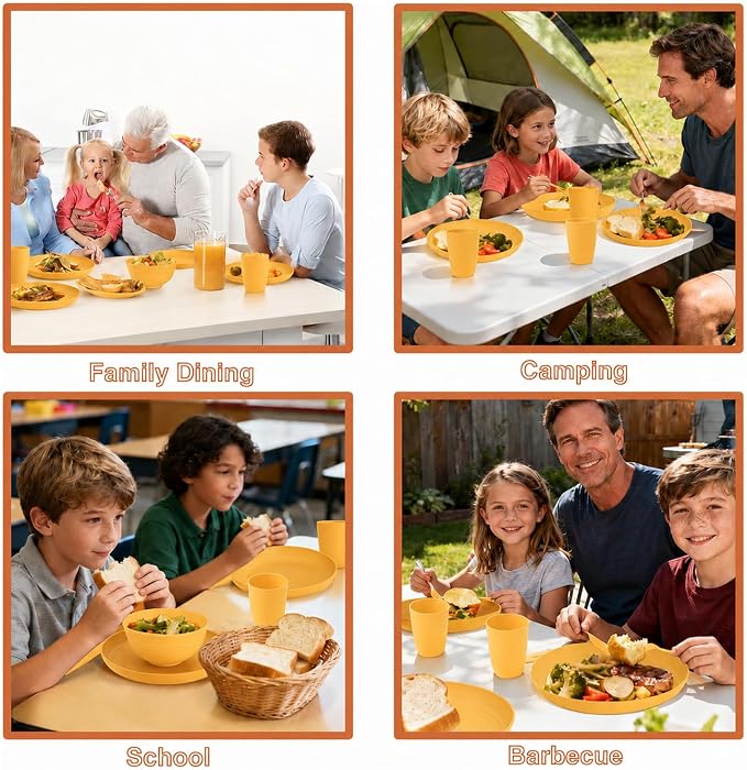 20 Piece Wheat Straw Dinnerware Sets for 4, Unbreakable Dish Set,Reuseable Kids Plates and Bowls Sets for 4, Lightweight Kitchen Dishware Set for Camping, Picnic, and Famliy Meal - Yellow