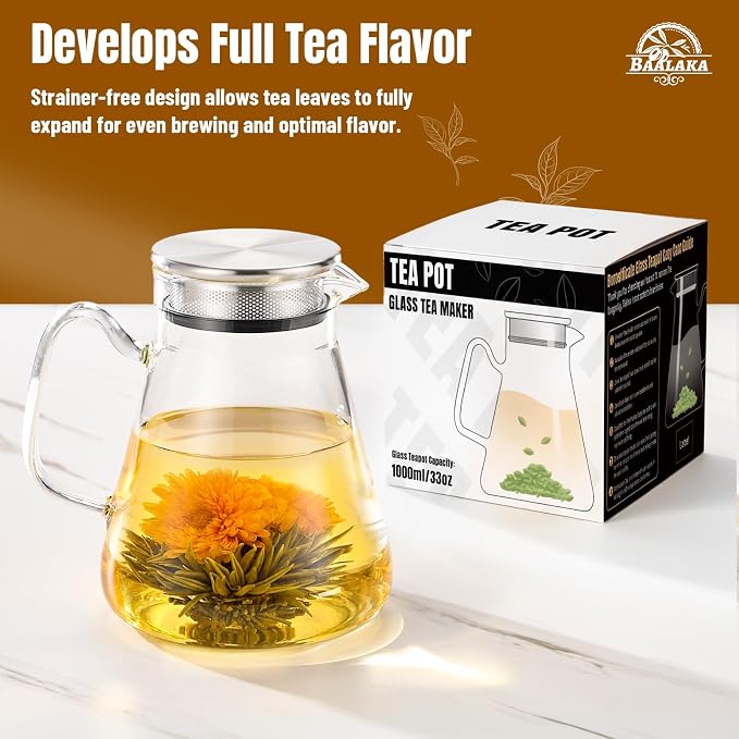 Baalaka Glass Teapot with Infuser, Stovetop Glass Tea Kettle, 33oz/1000ml | One-touch borosilicate loose leaf tea steeper with removable steel filter lid; glass body works in microwave and dishwasher