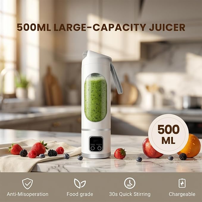 Lilogi Portable Blender, 500ML Blenders for Smoothies with LED Display | 12-Blade USB-C Rechargeable Blender, Travel Blender Cup for any kitchen, office, outdoor, travel, gym or sports