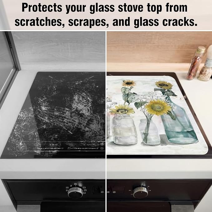 Sunflower Stove Top Cover for Electric Stoves,Spring Summer Floral Colorful Farmhouse Stove Top Cover Heat Resistant Cooktop Protector Non-Slip Washable Dish Drying Mat for Kitchen Decor 28"x20"
