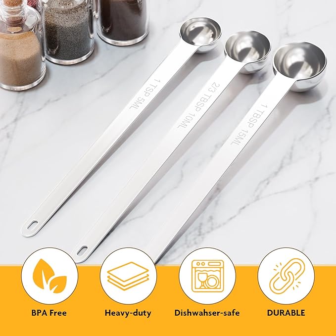 2PCS 2/3TBSP(10ml) Extra Long Handle Measuring Spoon, 18/8 Stainless Steel | Food-Grade SS 304, Accurate, BPA-Free, Dishwasher Safe, Engraved Marking, Kitchen Essential