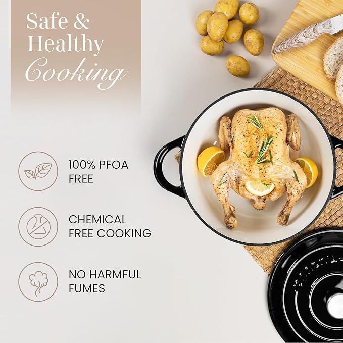 Cast Iron Dutch Oven with Lid - Non-Stick Ovenproof Enamelled Casserole Pot - Sturdy Dutch Oven Cookware - Black, 3.1-Quart, 22cm- by Nuovva