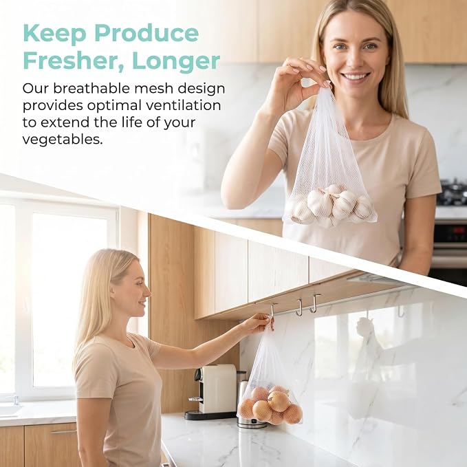 100Pcs Hanging Mesh Storage Onion Tomato Garlic Ginger Net Vegetable Fruit Seafood Bag Reusable Washable Garbage Filter Mesh Bags for Kitchen Accessories