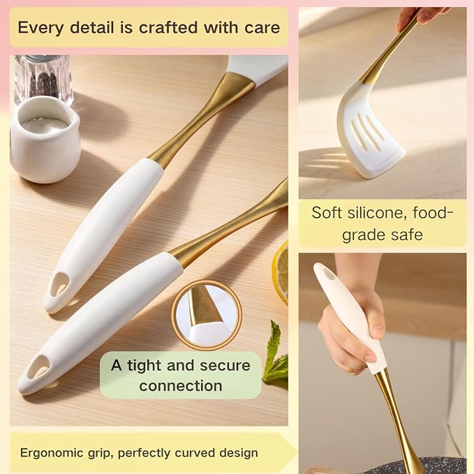 Elegant White Gold Silicone Cooking Utensils Set - Non-Toxic, Dishwasher Safe Kitchen Utensils Set with Heat Resistant Comfort Handles - Includes Spatula & Spoon for Nonstick Cookware