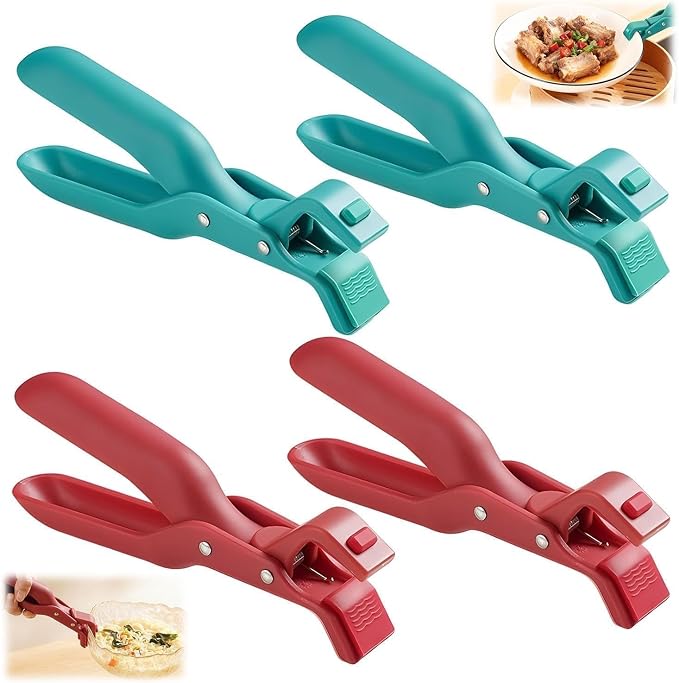 4PCS Hot Plate Gripper Tong, Dip Clips for Plate, Bowl Holder for Hot Food, Anti Scald Bowl Holder Clips for Kitchen (Red + Blue)