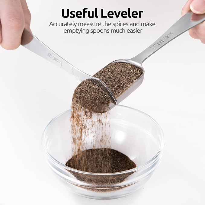 U-Taste Narrow Square Measuring Spoons, Metal Measure Set of 8 with Leveler | Long Handle Rectangular Teaspoon Tablespoon, 18/8 Stainless Steel Polygons Measure Spoon Set, Narrow Scoop for Spice Jars