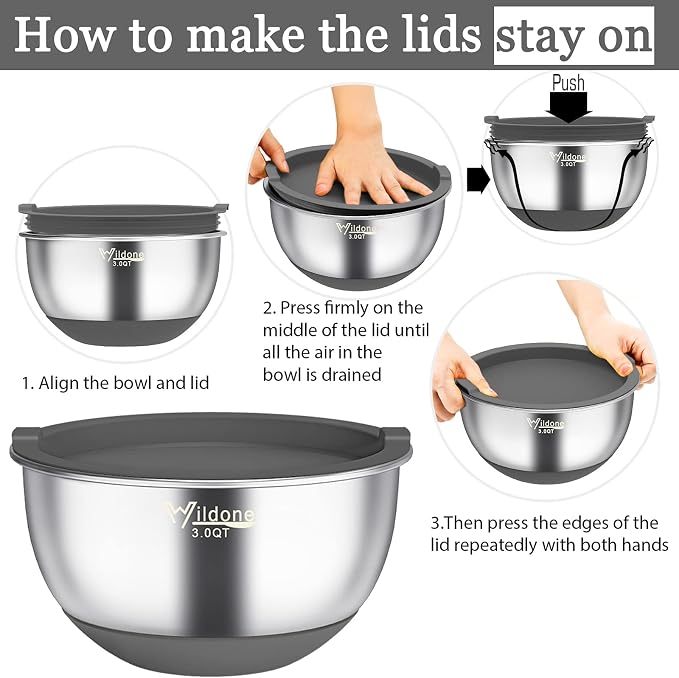 Wildone Mixing Bowls with Airtight Lids, Stainless Steel Mixing Bowls Set | Metal Bowls with 3 Grater Attachments & Non-Slip Bottoms, Size 5, 4, 3, 2,1.5, 0.63QT, Includes Utensil Set for Prep, Gray