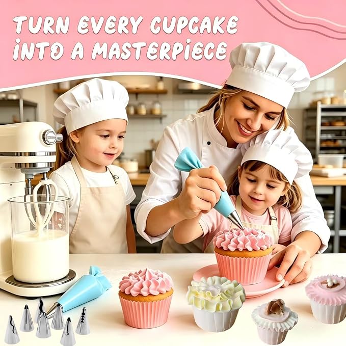 10Pcs Pleated Skirt Ruffle Piping Tips, 304 Stainless Steel Vintage Nozzles with Coupler, Cleaning Brush & Reusable Silicone Piping Bags for Cupcakes, Cookies & Pastry