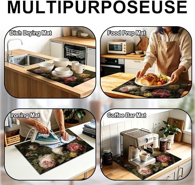Tuxedo Cat Floral Stove Top Cover 28.35x20.47 in Non Slip | Heat Resistant Cooktop Protector Mat with Non-Slip Backing, Scratch Protection and Countertop Drying Mat.
