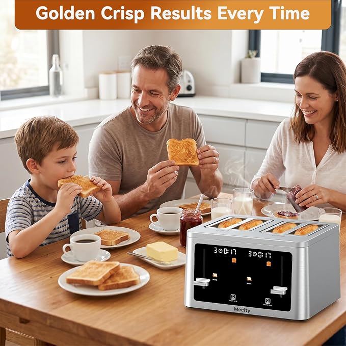 Mecity 4 Slice Touchscreen Toaster, 6 Bread Modes & 6 Browning Levels, Dual Touch Control Wide Slot Stainless Steel Electric Toaster with Memory, Defrost, 3-Min Auto Shutoff for White, Bagels, Waffles