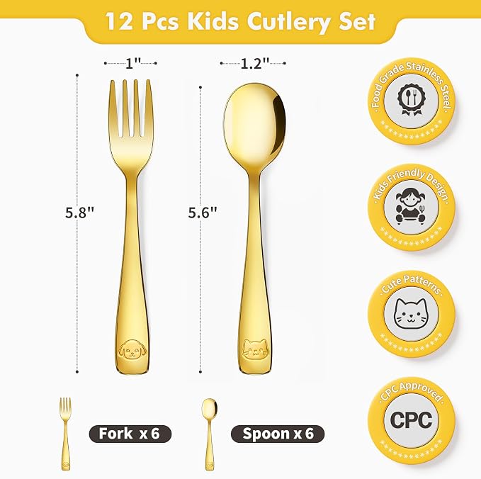 12Pcs Stainless Steel Toddler Utensils Small Metal Kids Silverware | Food-grade, Ideal Transitional Baby Forks and Spoons, Cute pattern, Designed for Children, Dishwasher Safe, Mirror Polished