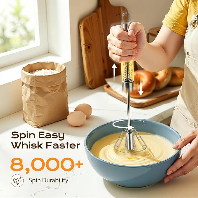 Upgraded Stainless Steel Semi-Automatic Whisk, 10 inch | Easy Push Hand Whisks for Eggs, Cream, Coffee & Light Mixing, Easy Clean Kitchen Whisk for Everyday Cooking, Kitchen Gadgets