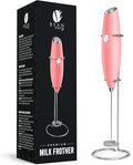 Bean Envy Milk Frother Handheld - Coffee Mixer Wand with Stand - Rose Pink | Battery Operated, Stainless Steel Whisk, 19000 RPM, Protein Powder Blender, Electric Stirrer, Mini Foamer