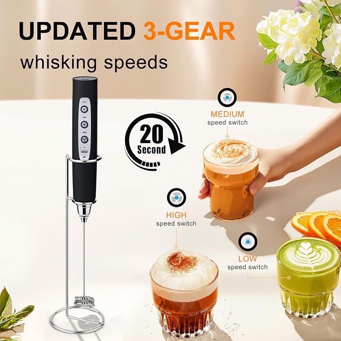 YUSWKO Handheld Milk Frother Wand for Coffee, Rechargeable Electric Whisk with 3 Heads 3 Speeds Drink Mixer Coffee Frother For Latte, Cappuccino, Hot Chocolate, Egg, Black with Holder