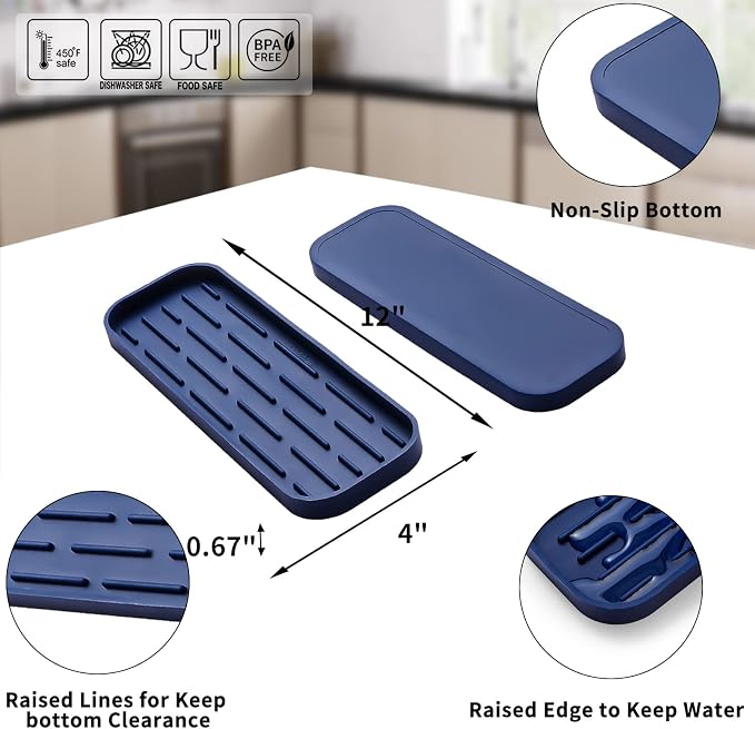 MicoYang Silicone Kitchen Sink Organizer Tray for Multiple Usage,Eco-Friendly Sponges Holder for Kitchen Bathroom Counter or Sink,Dish Soap Dispenser,Scrubber,Bottle,Cup (Navy Blue, 12"×4")