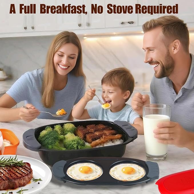 MKYSAIL Quick-Heat Microwave Egg Cooker and 33 OZ Microwave Grill Combo | 2-Piece Breakfast Maker Set for Grilling,Crisping,Bacon,Pancakes & Veggies,Dishwasher Safe,Non-Stick for RV, Dorm, Gift(Red)