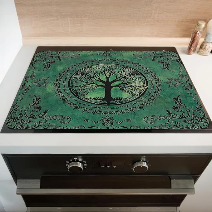 Tree of Life Stove Top Cover for Electric Stoves,Boho Bohemian Mandala Green Nature Stove Top Cover for Kitchen Decor,Heat Resistant Cooktop Protector Mat,Non-Slip Washable Dish Drying Mat 28"x20"