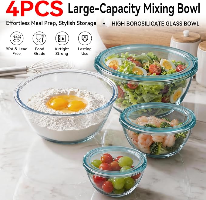 YUANYE 4 Pack Glass Mixing Bowls with Lids Set (3QT/1.7/0.9/0.6QT),Thick Glass Large Salad Bowl Set, Nesting Kitchen Bowls for Serving, Prepping, Cooking and Baking, Dishwasher, Oven,Microwave Safe