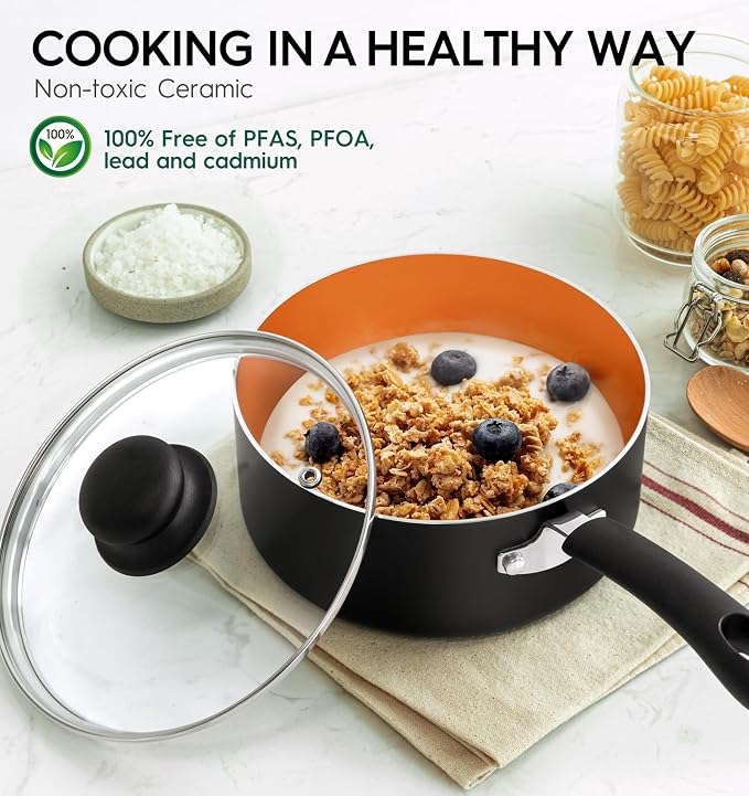 MICHELANGELO 3 Quart Nonstick Sauce Pan with Lid, 3 QT Copper Ceramic Saucepan, PFAS-FREE & Stay-Cool Handle, Multipurpose Cooking Pot for Home Kitchen, Induction Compatible