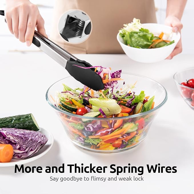 U-Taste Kitchen Tongs for Cooking, 600ºF Heat-Resistant Silicone, 2Pc/Black | Tong Utensils Set 9/12in, Salad/Grill/BBQ Plastic Tong for Food Serving, Rubber Tipped Tong with 18/8 Stainless Steel Handle