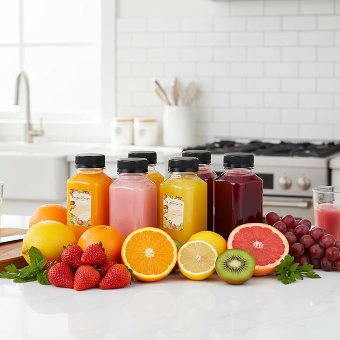 6pcs 8oz Plastic Juice Bottles with Caps, Sticker Labels, Brush | Empty Reusable Clear Bottles with Label, Funnel and Brush Beverage Containers Bulk with Lids for Juicing, Smoothies, Fridge