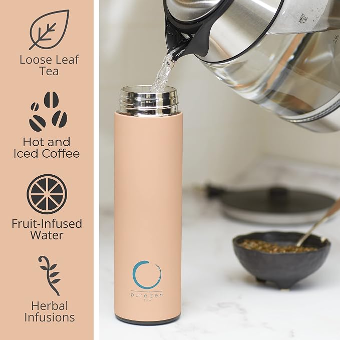 Pure Zen Tea Insulated Tea Infuser Bottle, 15 oz, Tea Thermos with Infuser | Leakproof, Hot and Cold 24 Hrs - for Tea, Coffee and Water, Stainless Steel, Tea Gift Set, Tea Tumbler with Infuser, Pink
