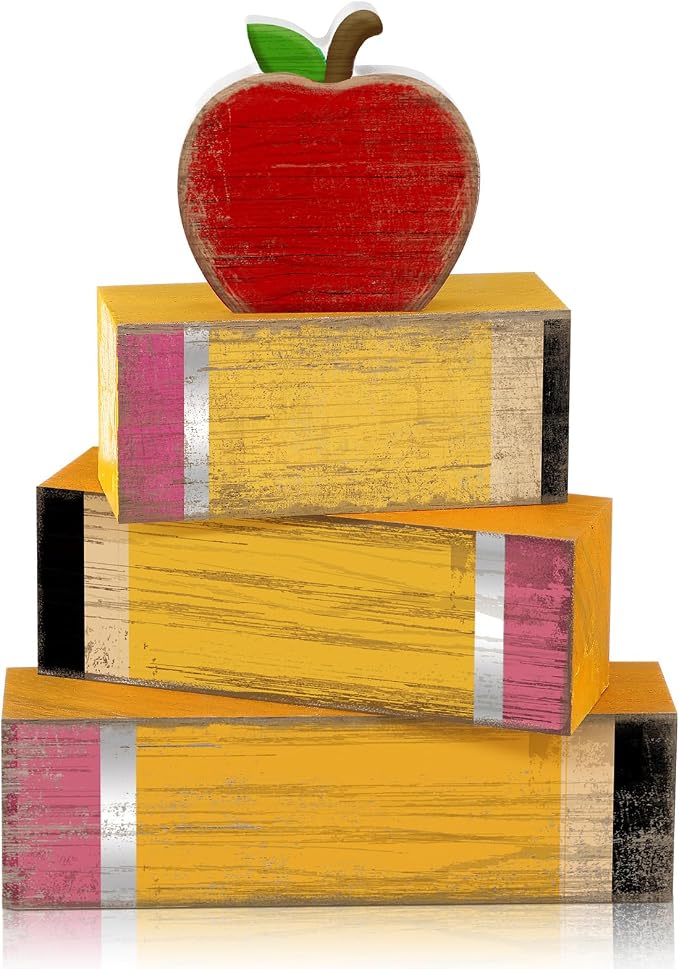 Lineshading 4 Pcs Back To School Table Decor Wooden Apple Block Signs | Back to School Teacher Decor, Pencil Apple Blocks for Classroom Tiered Tray, Rustic Farmhouse Tabletop Signs Gift