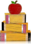 Lineshading 4 Pcs Back To School Table Decor Wooden Apple Block Signs | Back to School Teacher Decor, Pencil Apple Blocks for Classroom Tiered Tray, Rustic Farmhouse Tabletop Signs Gift
