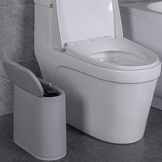 Sooyee 10 Liter Rectangular Slim Plastic Trash Can, Gray | Press Type Lid, 2.4 Gallon, Wastebasket, For Bathroom, Powder Room, Bedroom, Kitchen, Craft Room, Office