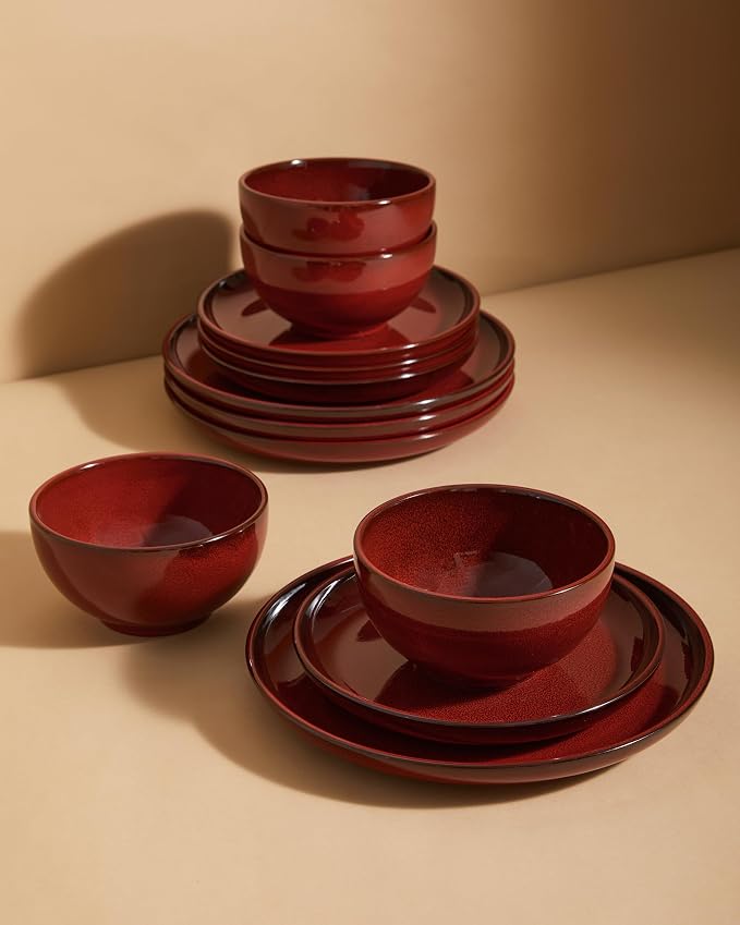 Santorini Mist Terracotta Reactive Glaze Plates and Bowls Sets, Stoneware Dinnerware Sets, Microwave and Dishwasher Safe Ceramic Dish Set Service for 4, Terracotta Red