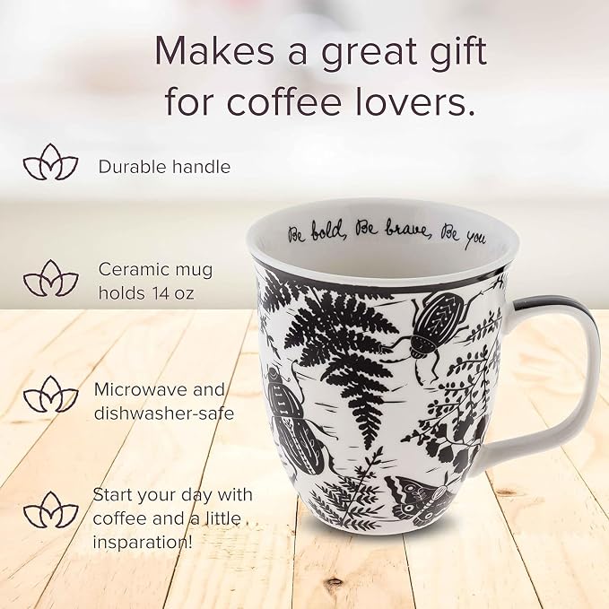 Karma Gifts 14 oz Black and White Boho Mug Beetle - Cute Coffee and Tea Mug - Ceramic Coffee Mugs for Women and Men