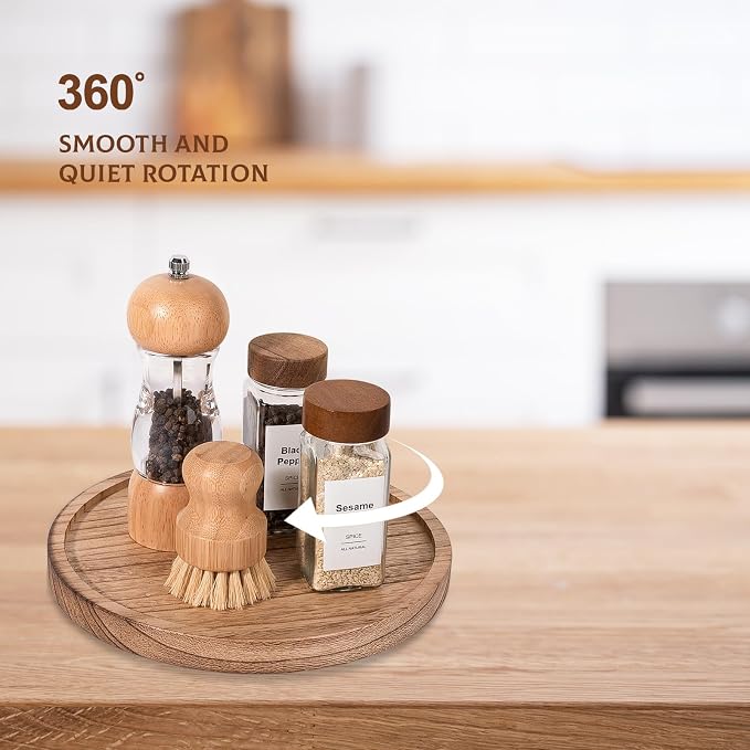 Wood Lazy Susan Turntable Kitchen Decor Round Table Tray, 9" Brown | Waterpoof, Easy clean, Non-slip, Rotating Wooden Decorative Pantry Table Tray for Seasoning, spice, snack