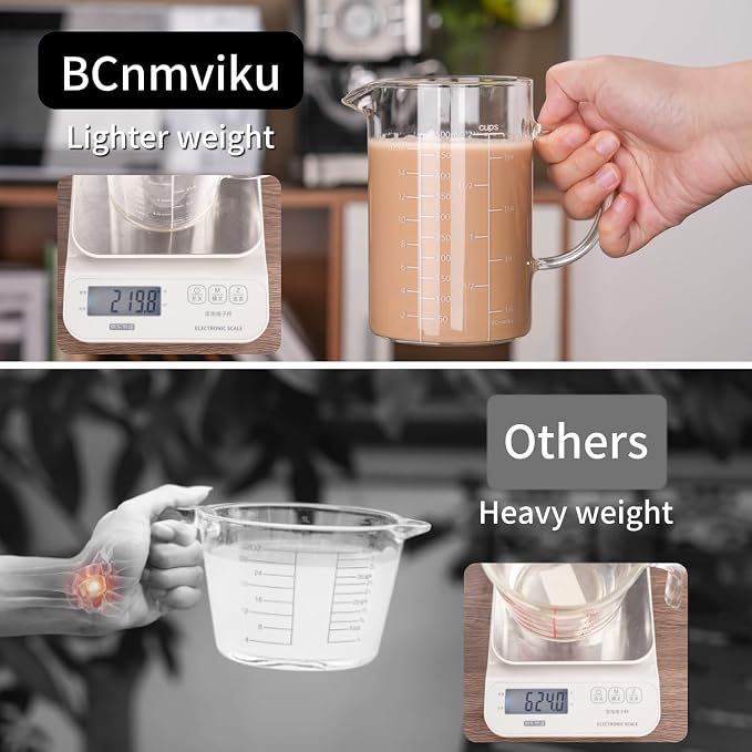 BCnmviku 500ML 2 CUP Glass Measuring Cup With Handle, High Borosilicate Glass Three Scales (OZ, Cup, ML/CC for Kitchen or Restaurant Easy To Read