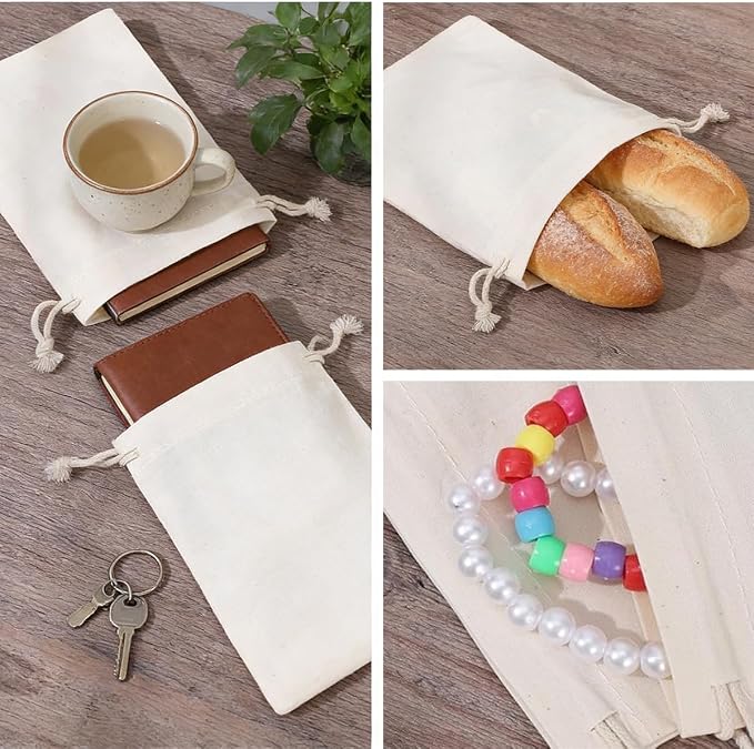 10-Pack 7.8” x 9.5” Reusable Muslin Bags with Drawstrings, Muslin Bags with Drawstrings for Shopping & Storage, 100% Natural Cotton, Washable, Biodegradable