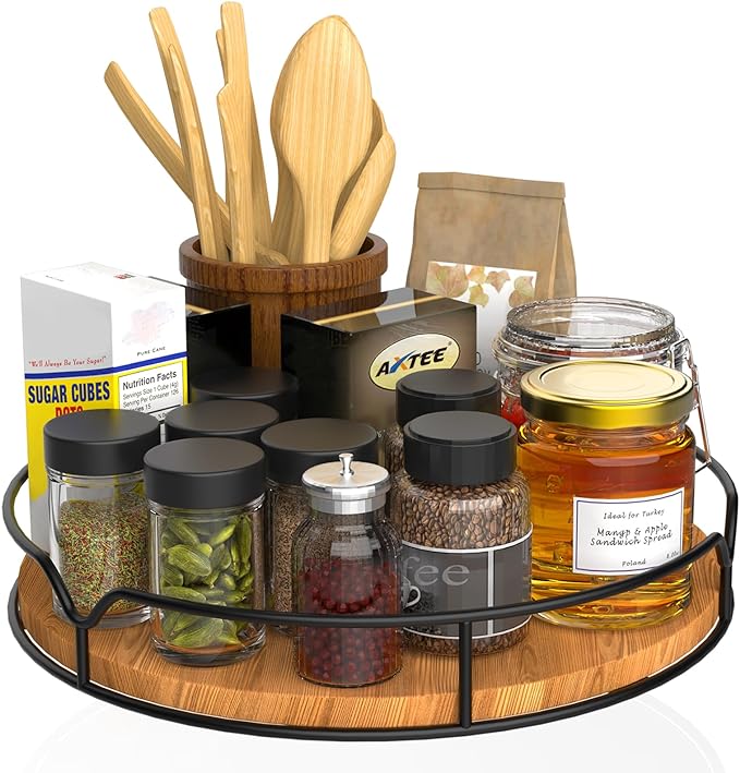 Lazy Susan Turntable Organizer for Cabinet Pantry Kitchen Countertop Refrigerator Cupboard, Pine Wood, 9", Carbonized Black