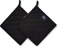 Encasa XO Pot Holders, Quilted Kitchen Hot Pads 8"x8" | Full Black, 100% Cotton | Heat Resistant | Hanging Loop | Multipurpose Trivets | Machine Washable | Set of 2
