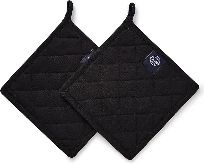 Encasa XO Pot Holders, Quilted Kitchen Hot Pads 8"x8" | Full Black, 100% Cotton | Heat Resistant | Hanging Loop | Multipurpose Trivets | Machine Washable | Set of 2