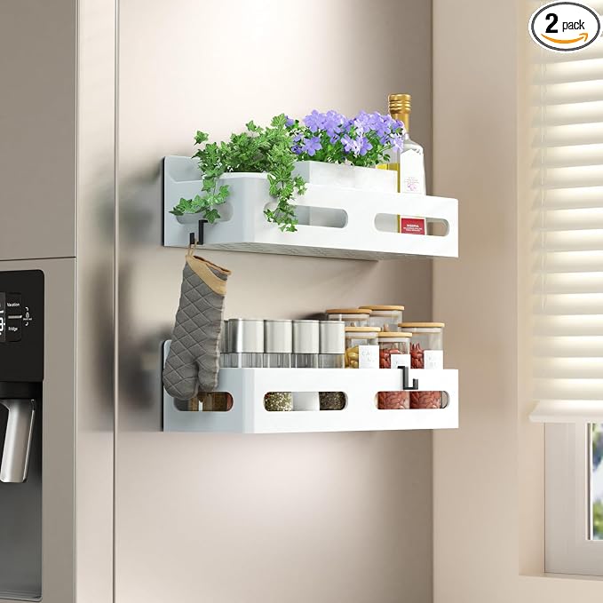 2-Pack Magnetic Spice Rack for Refrigerator with Hooks, White | Strong multipurpose magnetic shelf for kitchen & bathroom organization. Includes 4 removable hooks for hanging items.