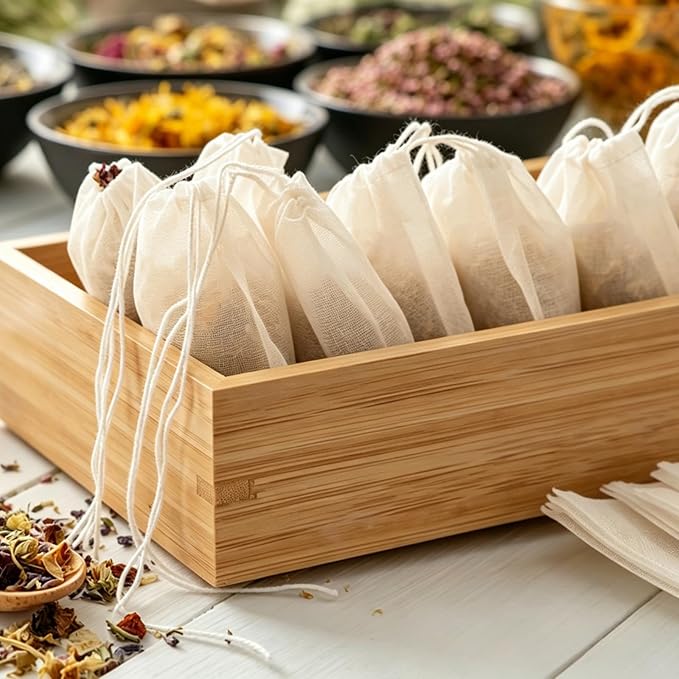 TUZAZO 50 Pcs Muslin Bags with Drawstring 4 x 6 inch, Reusable Tea Bags for Loose Leaf Tea, Natural Cotton Unbleached Cheesecloth Small Spice Bag for Cooking Soup Herb Sachet Bag Empty