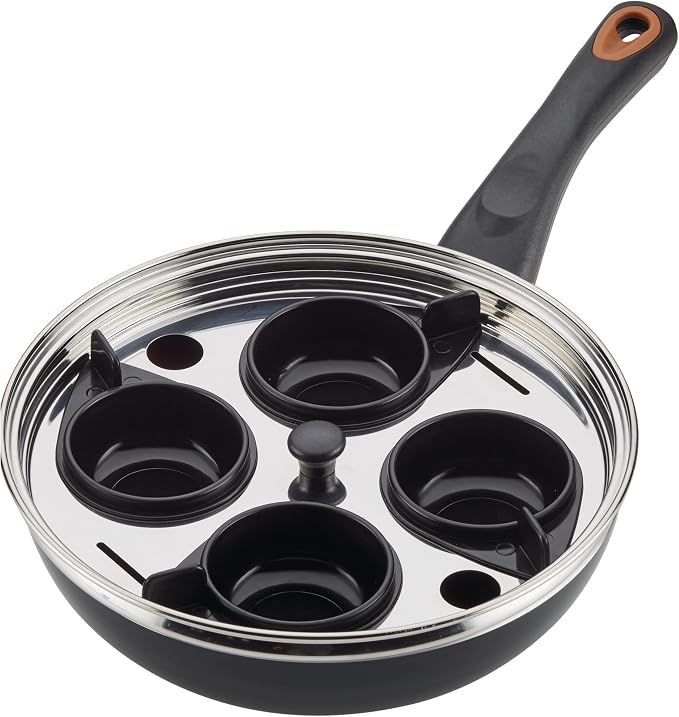 Farberware Glide Copper Ceramic Nonstick Egg Poacher Pan with Lid, 8-Inch, Black
