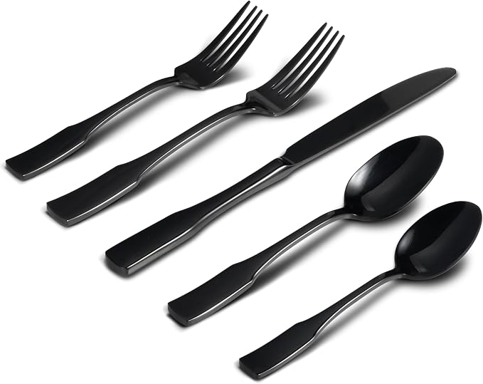 Alata Kate Black Mirror 20-Piece Silverware, Service for 4, Stainless Steel Flatware, Mirror Polished Cutlery, Dishwasher Safe